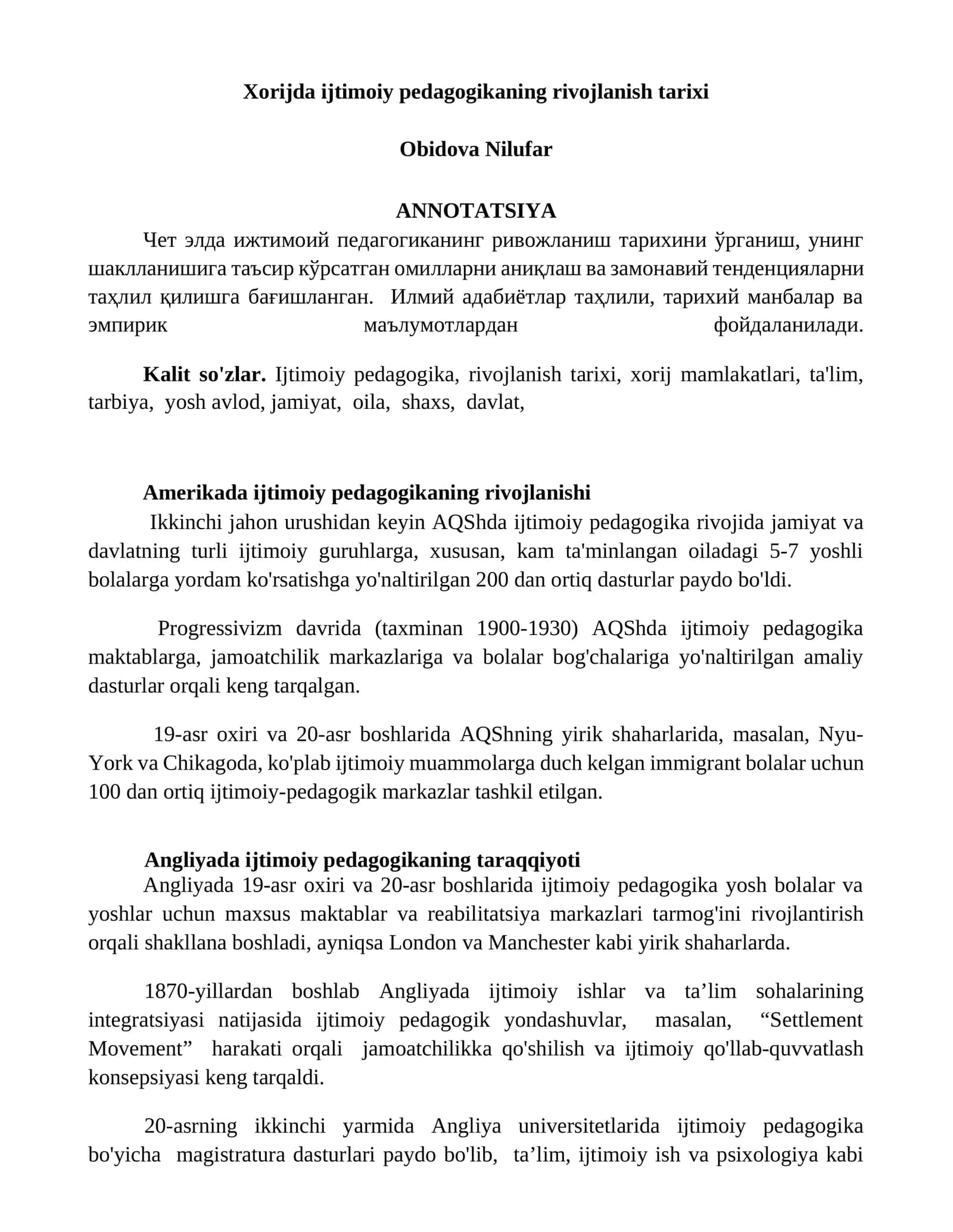Xorijda ijtimoiy pedagogikaning rivojlanish tarixi
