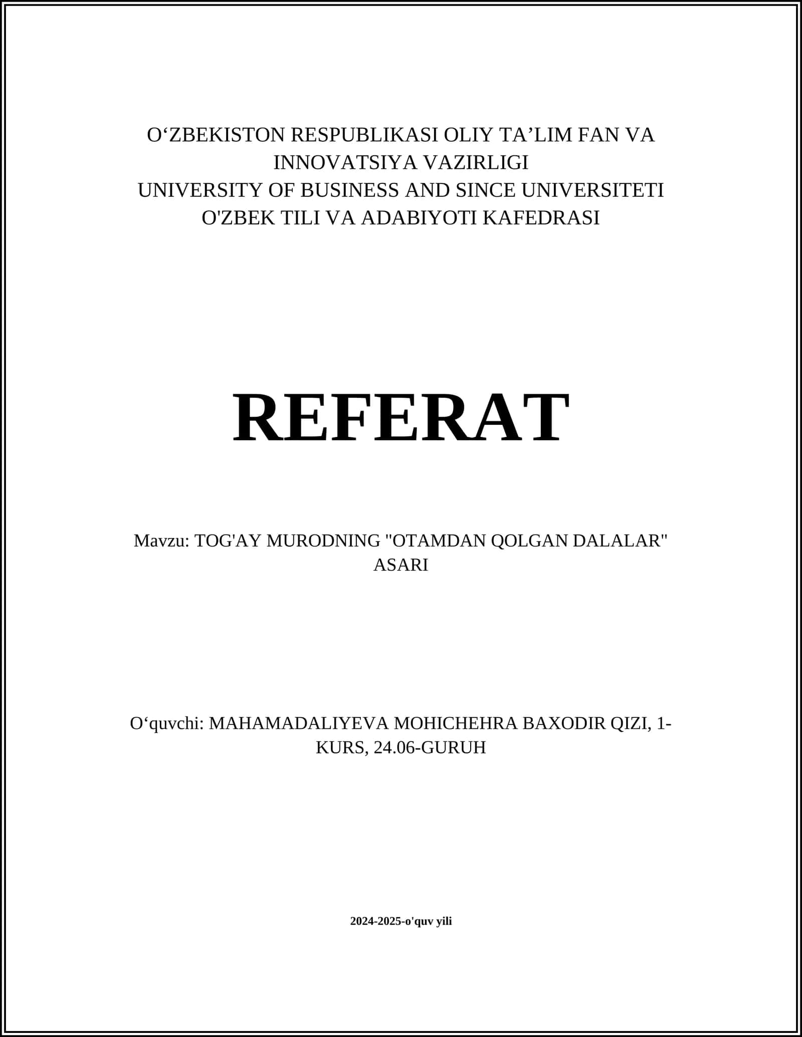 TOG'AY MURODNING "OTAMDAN QOLGAN DALALAR" ASARI