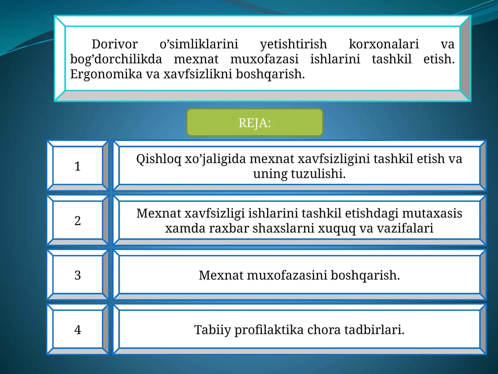 Dorivor o’simliklarini yetishtirish korxonalari va bog’dorchilikda mexnat muxofazasi ishlarini tashkil etish. Ergonomika va xavfsizlikni boshqarish