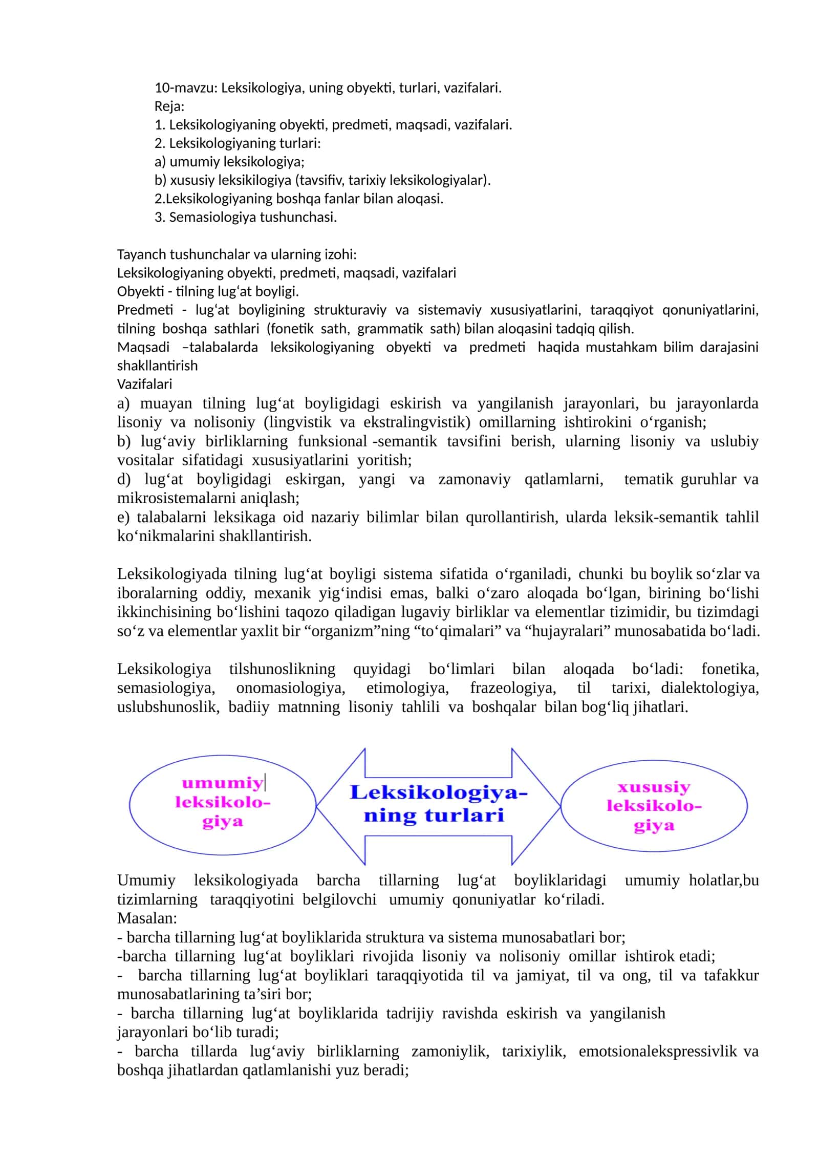 Leksikologiya, uning obyekti, turlari, vazifalari