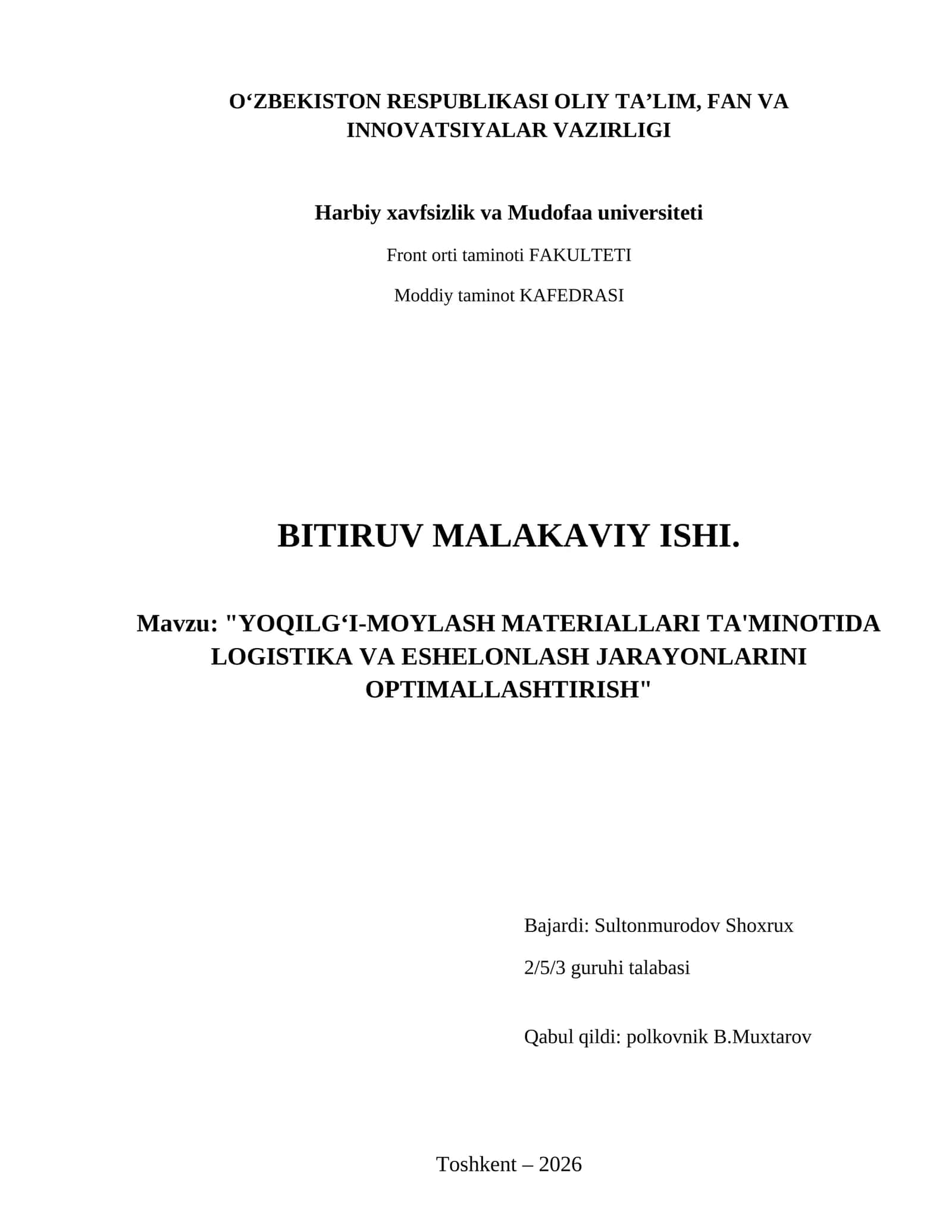 Yoqilgʻi-moylash materiallari ta'minotida logistika va eshelonlash jarayonlarini optimallashtirish