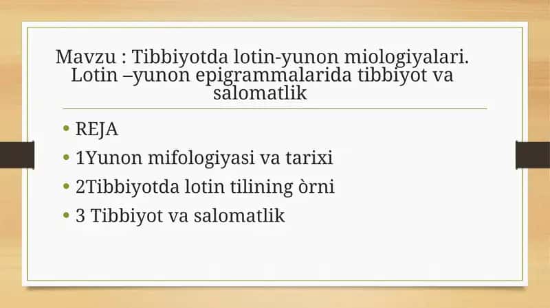 Tibbiyotda lotin-yunon miologiyalari. Lotin –yunon epigrammalarida tibbiyot va salomatlik