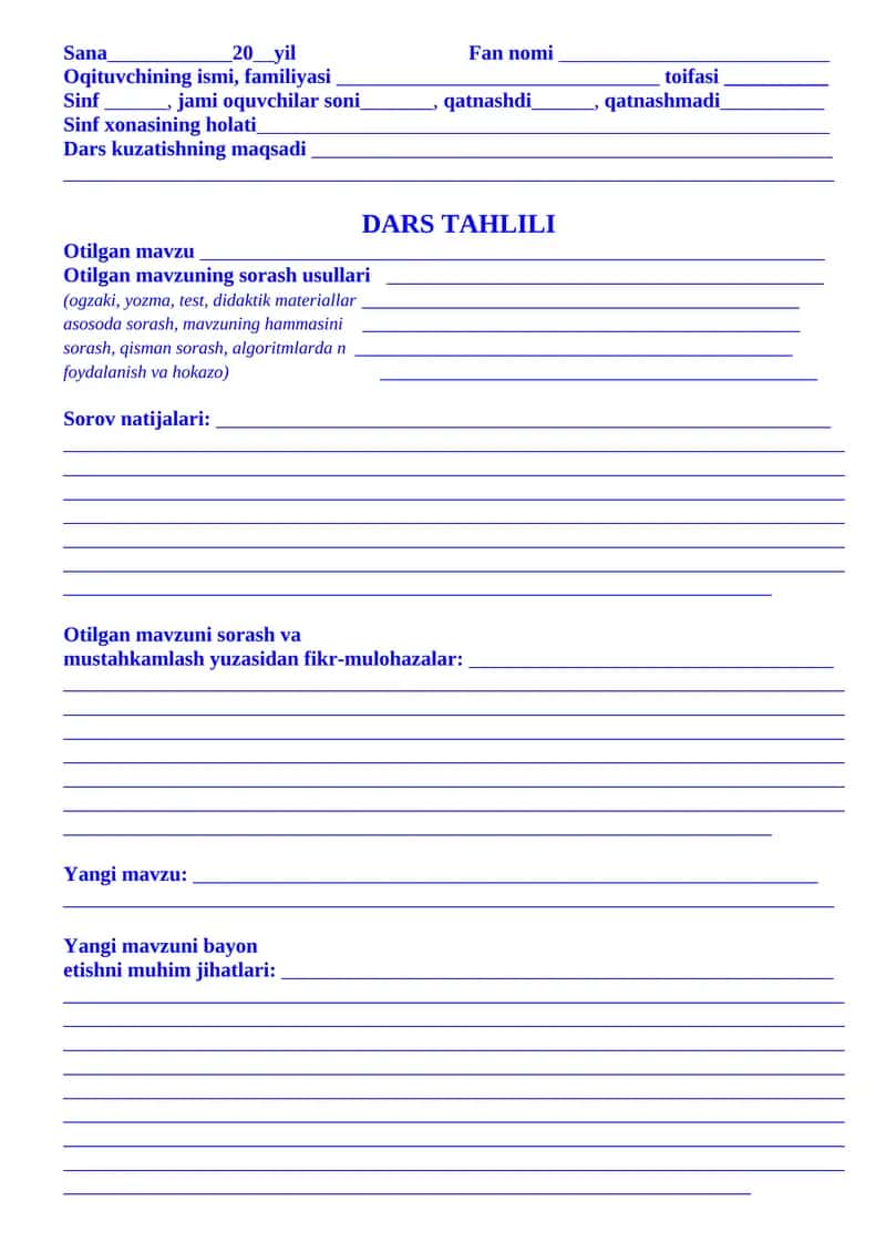 Dars tahlili daftari namuna