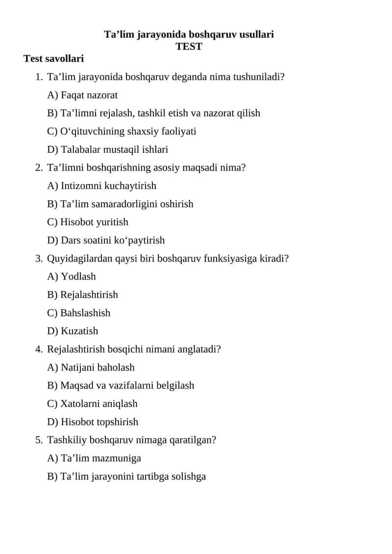 Ta’lim jarayonida boshqaruv usullari