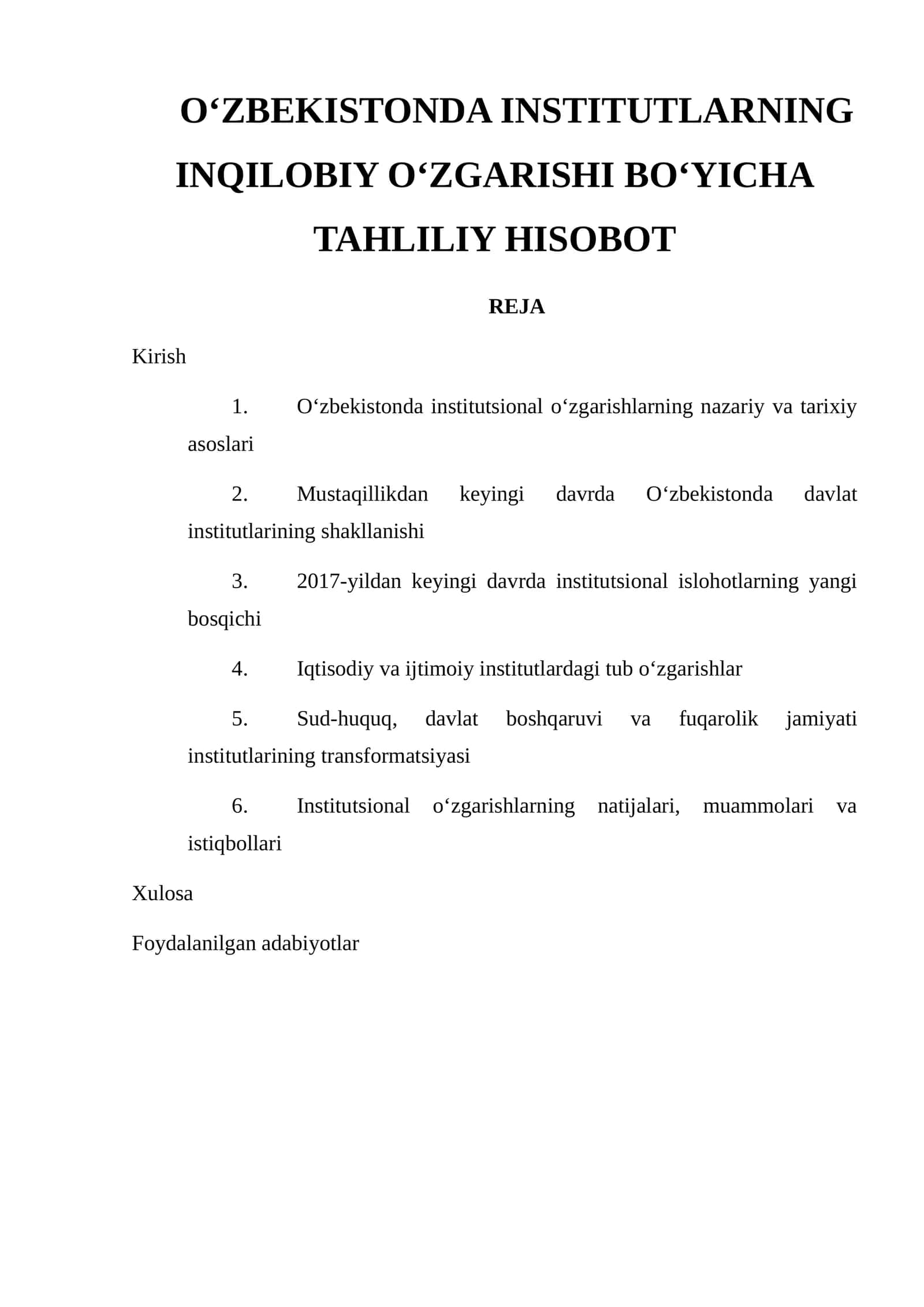 O‘ZBEKISTONDA INSTITUTLARNING INQILOBIY O‘ZGARISHI BO‘YICHA TAHLILIY HISOBOT