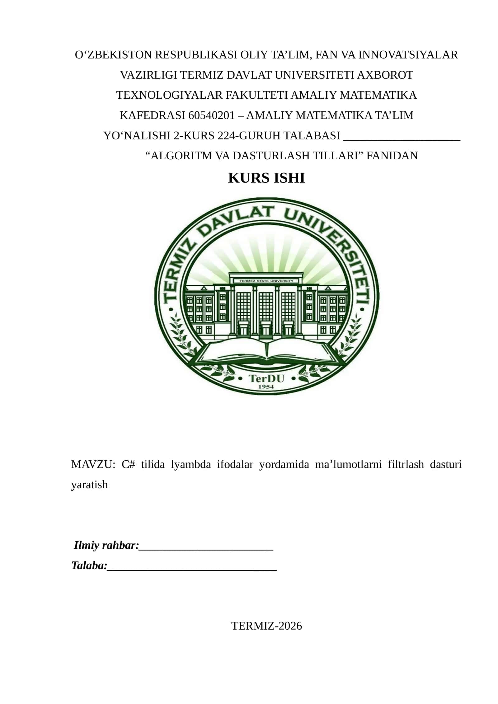 C# tilida lyambda ifodalar yordamida ma’lumotlarni filtrlash dasturi yaratish