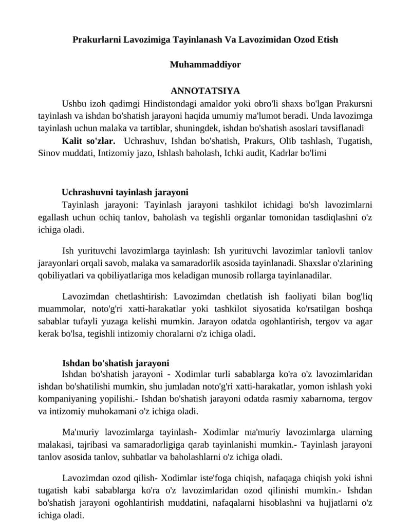 Prakurlarni Lavozimiga Tayinlanash Va Lavozimidan Ozod Etish