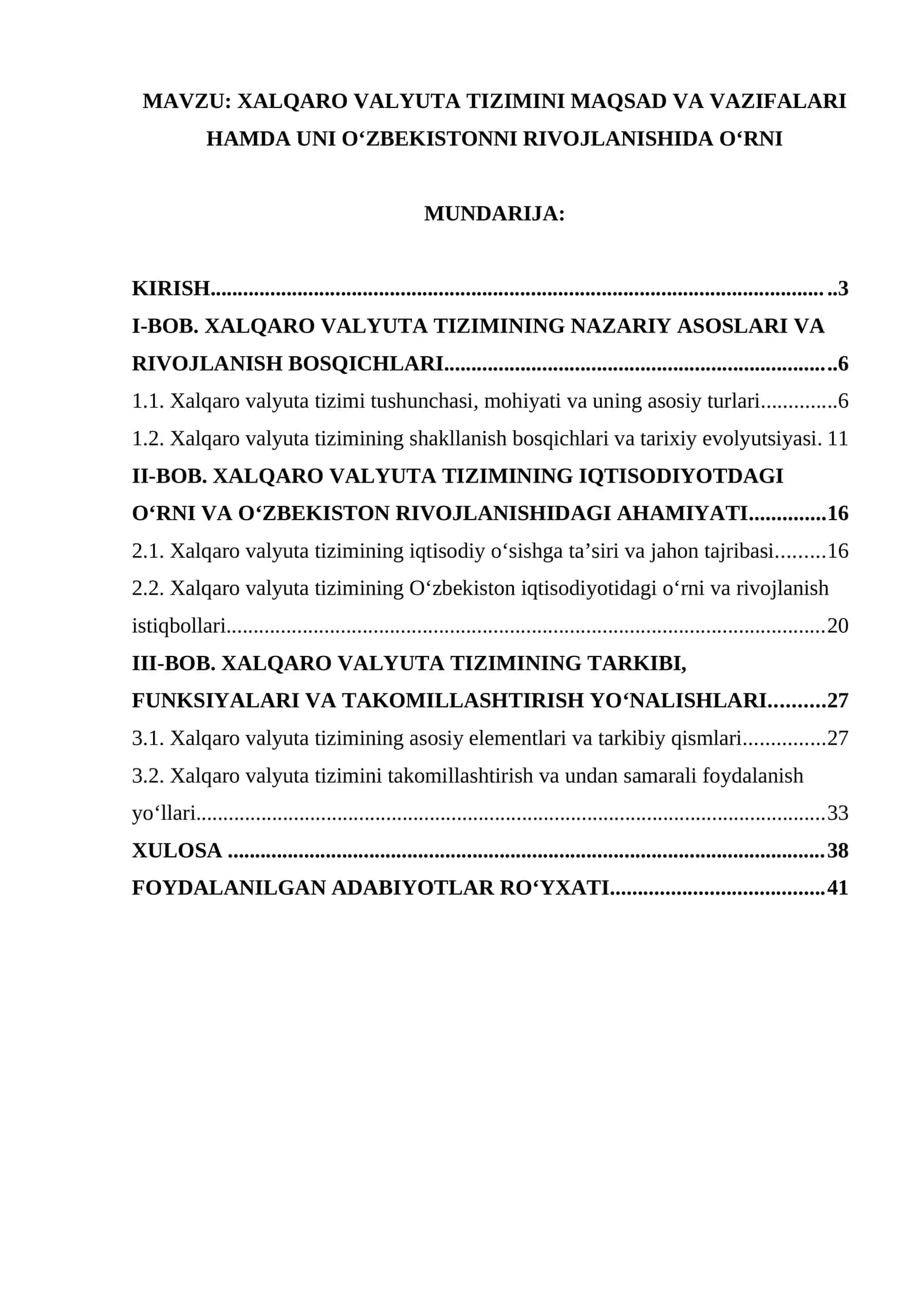 XALQARO VALYUTA TIZIMINI MAQSAD VA VAZIFALARI HAMDA UNI O‘ZBEKISTONNI RIVOJLANISHIDA O‘RNI