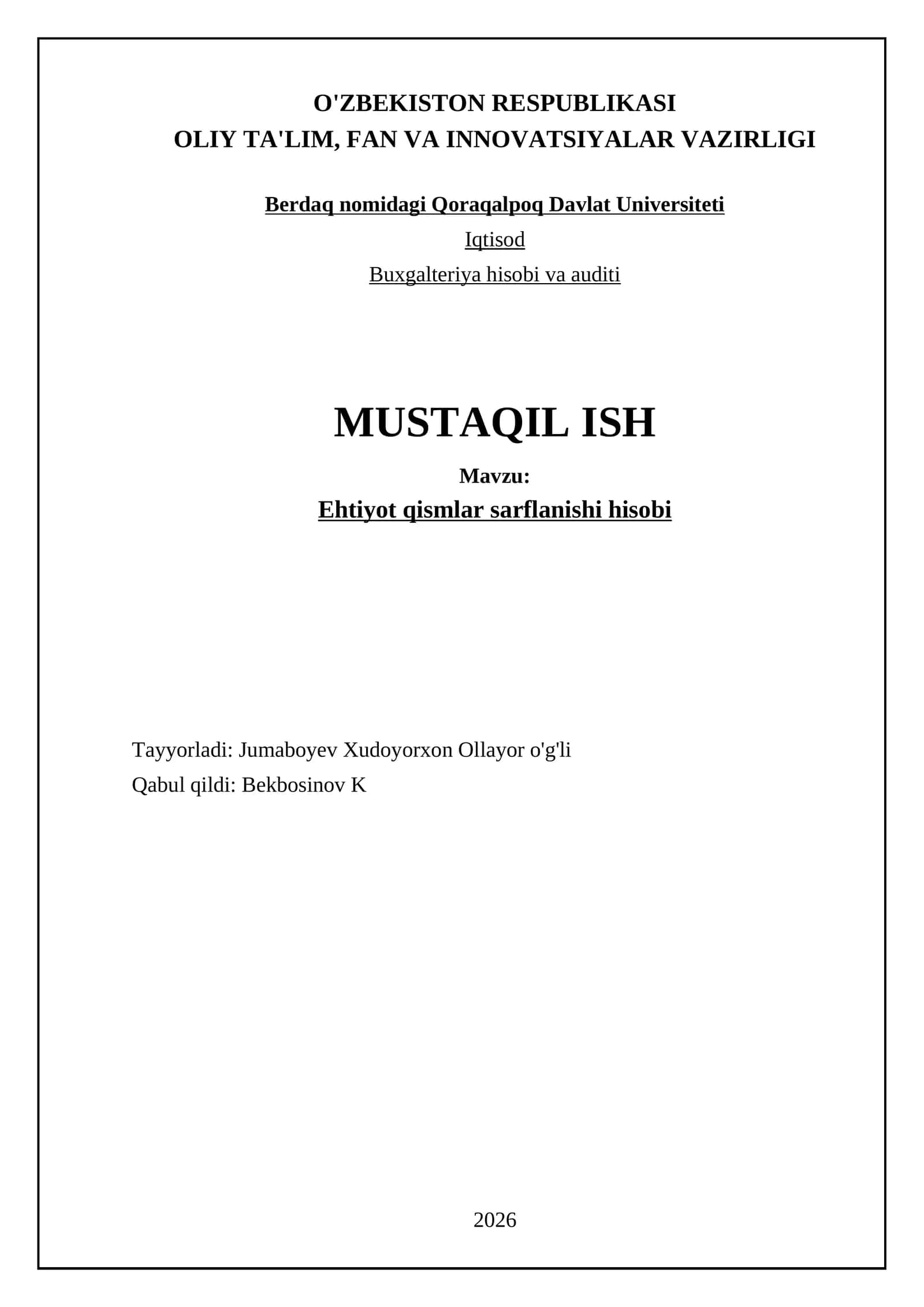 Ehtiyot qismlar sarflanishi hisobi