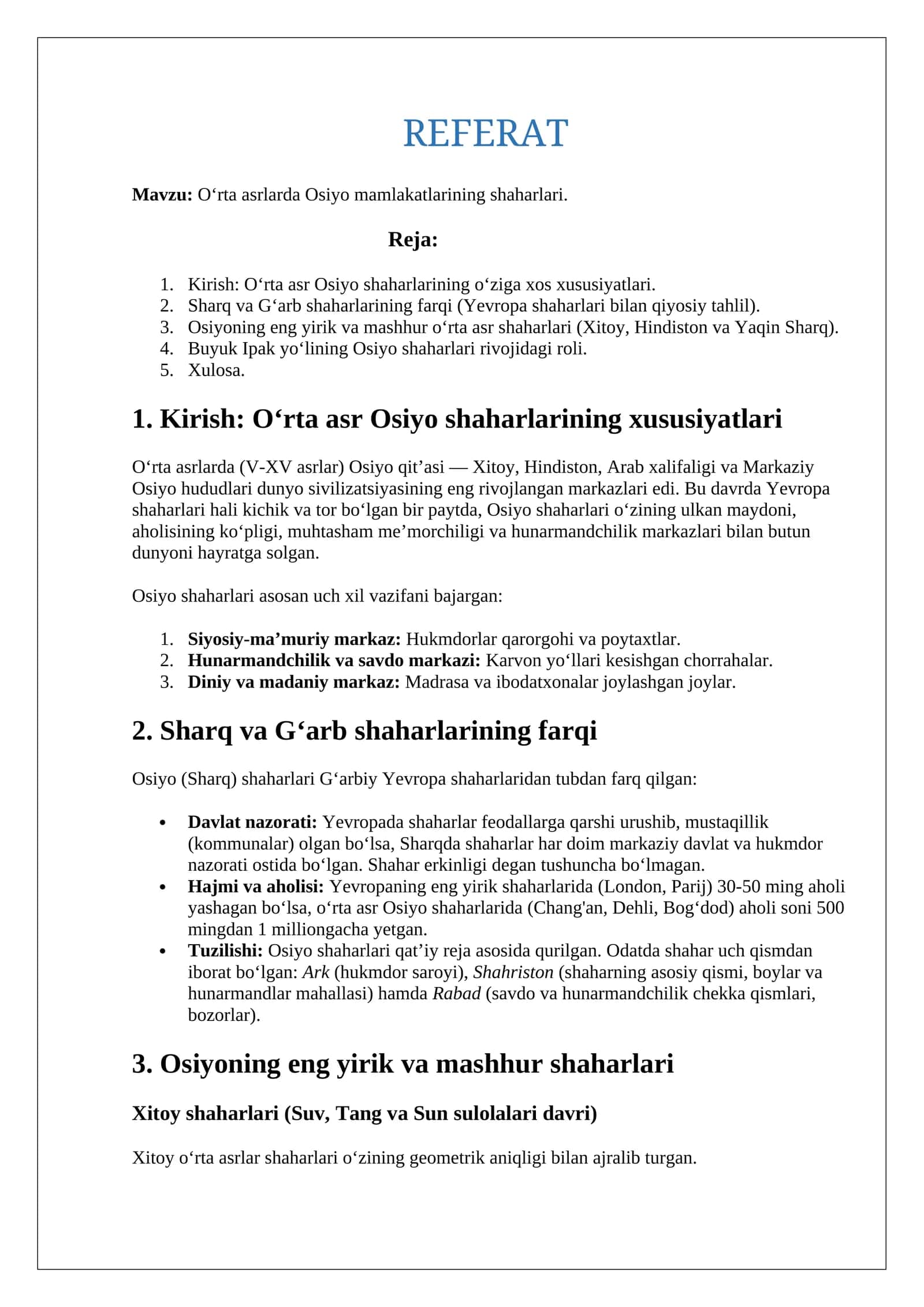 Oʻrta asrlarda Osiyo mamlakatlarining shaharlari