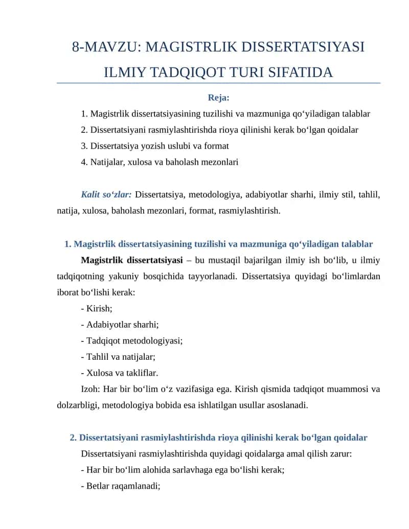MAGISTRLIK DISSERTATSIYASI ILMIY TADQIQOT TURI SIFATIDA