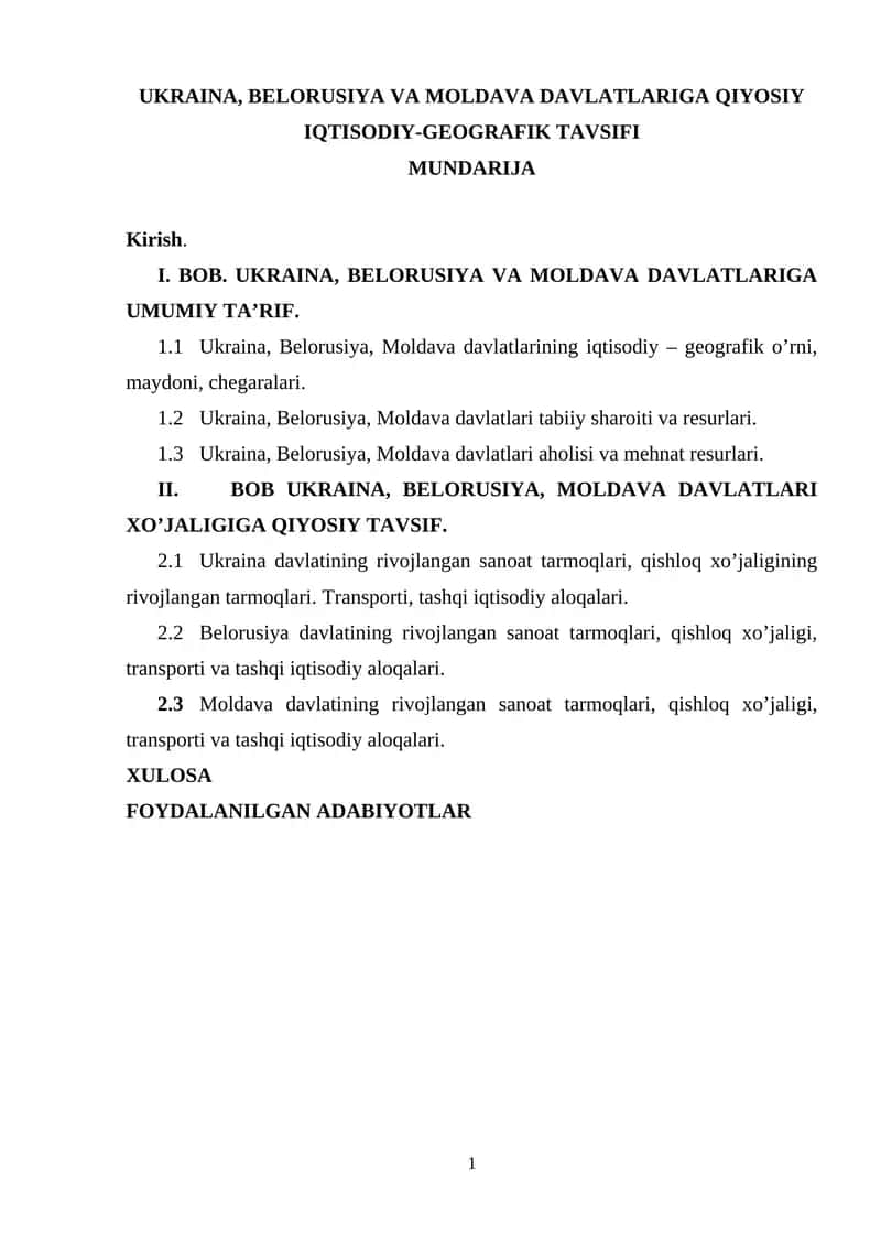 Ukraina, Belorusiya va Moldava Davlatlariga Qiyosiy Iqtisodiy-Geografik Tavsifi