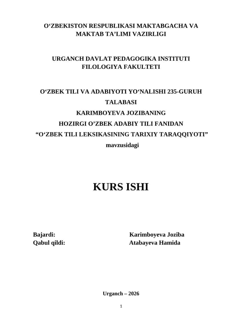 O`zbek tili leksikografiyasi. Lug`at turlari va tiplari kurs ishi.