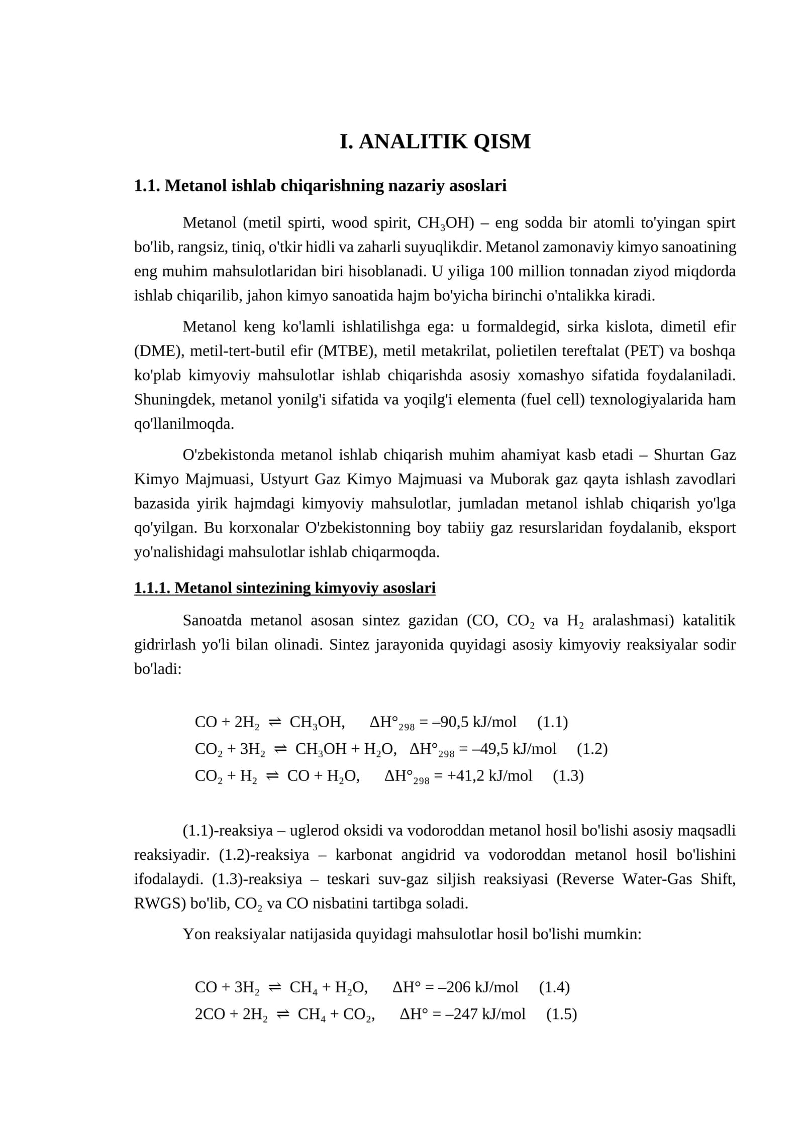 Metanol ishlab chiqarishning nazariy asoslari
