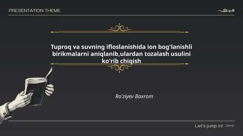 Tuproq va suvning ifloslanishida ion bog'lanishli birikmalarni aniqlanib,ulardan tozalash usulini ko'rib chiqish