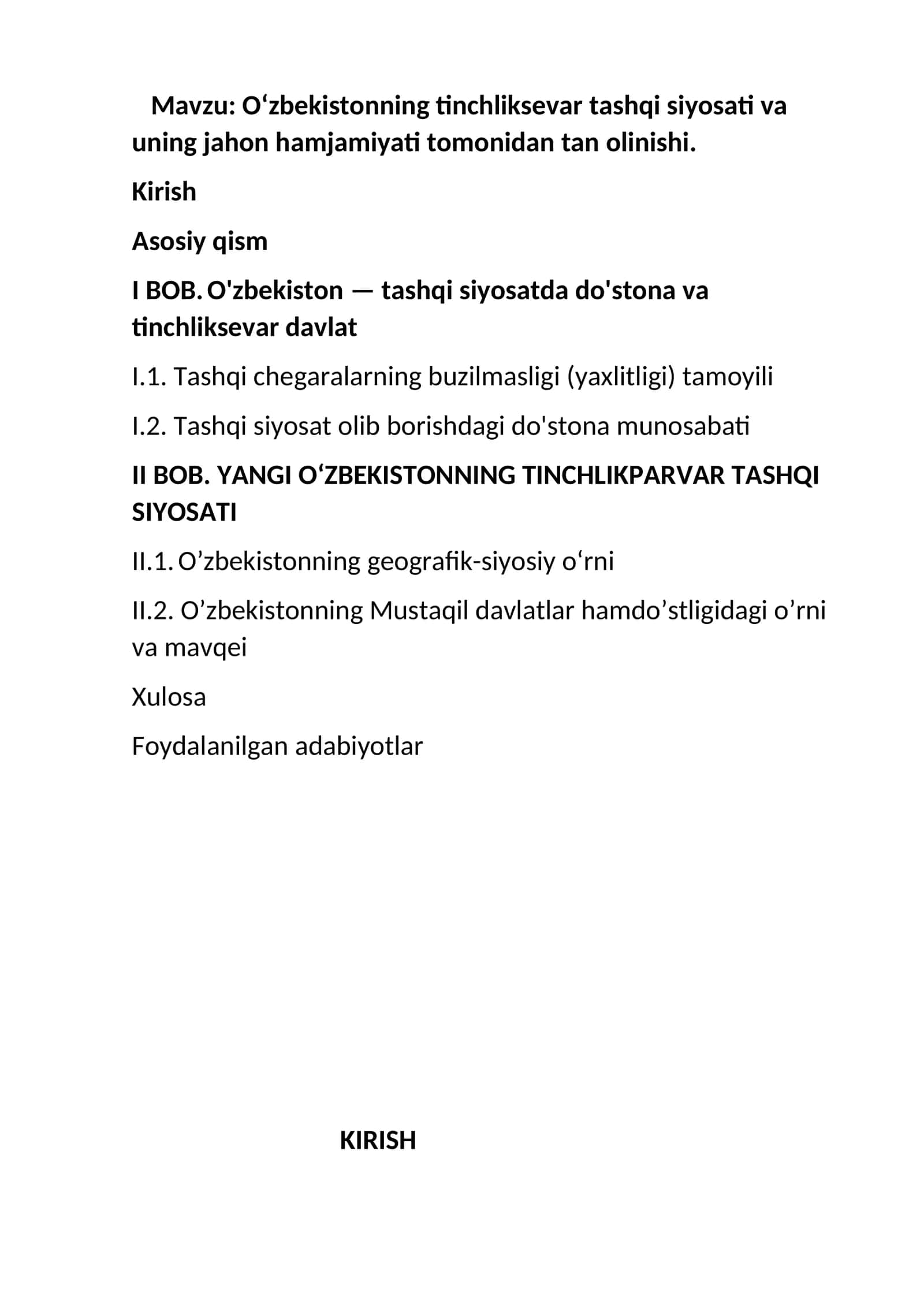 Oʻzbekistonning tinchliksevar tashqi siyosati va uning jahon hamjamiyati tomonidan tan olinishi