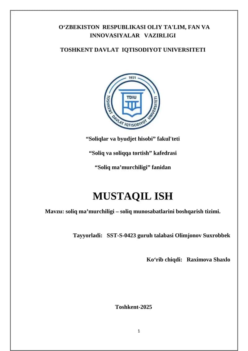 Soliq ma’murchiligi – soliq munosabatlarini boshqarish tizimi