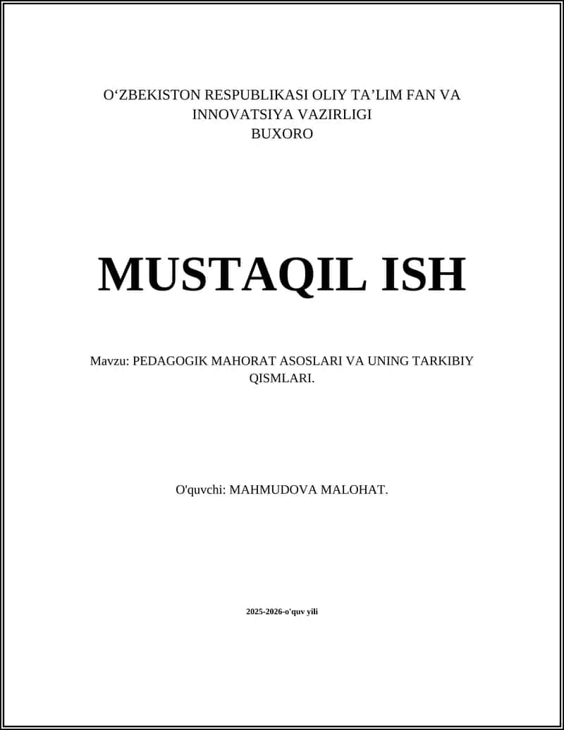 PEDAGOGIK MAHORAT ASOSLARI VA UNING TARKIBIY QISMLARI