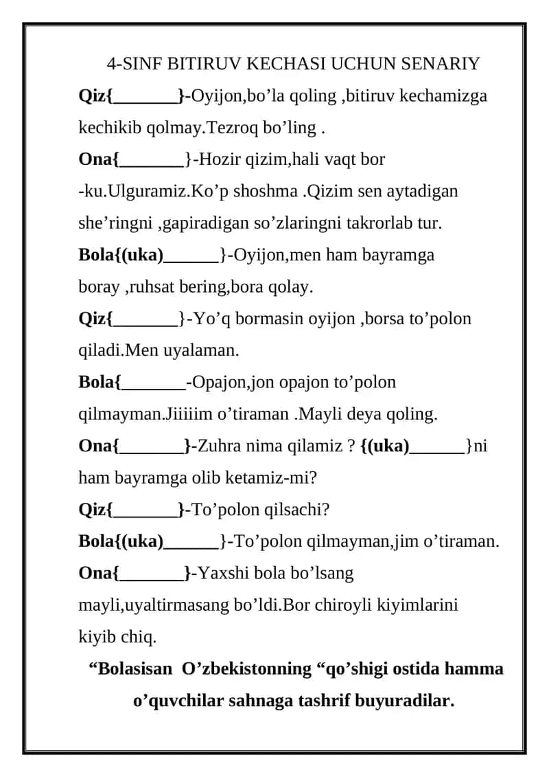 4-sinflar uchun bitiruv ssenariysi
