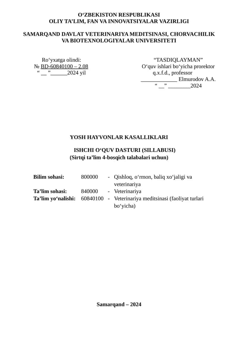 YOSH HAYVONLAR KASALLIKLARI ISHCHI OʻQUV DASTURI (SILLABUSI)