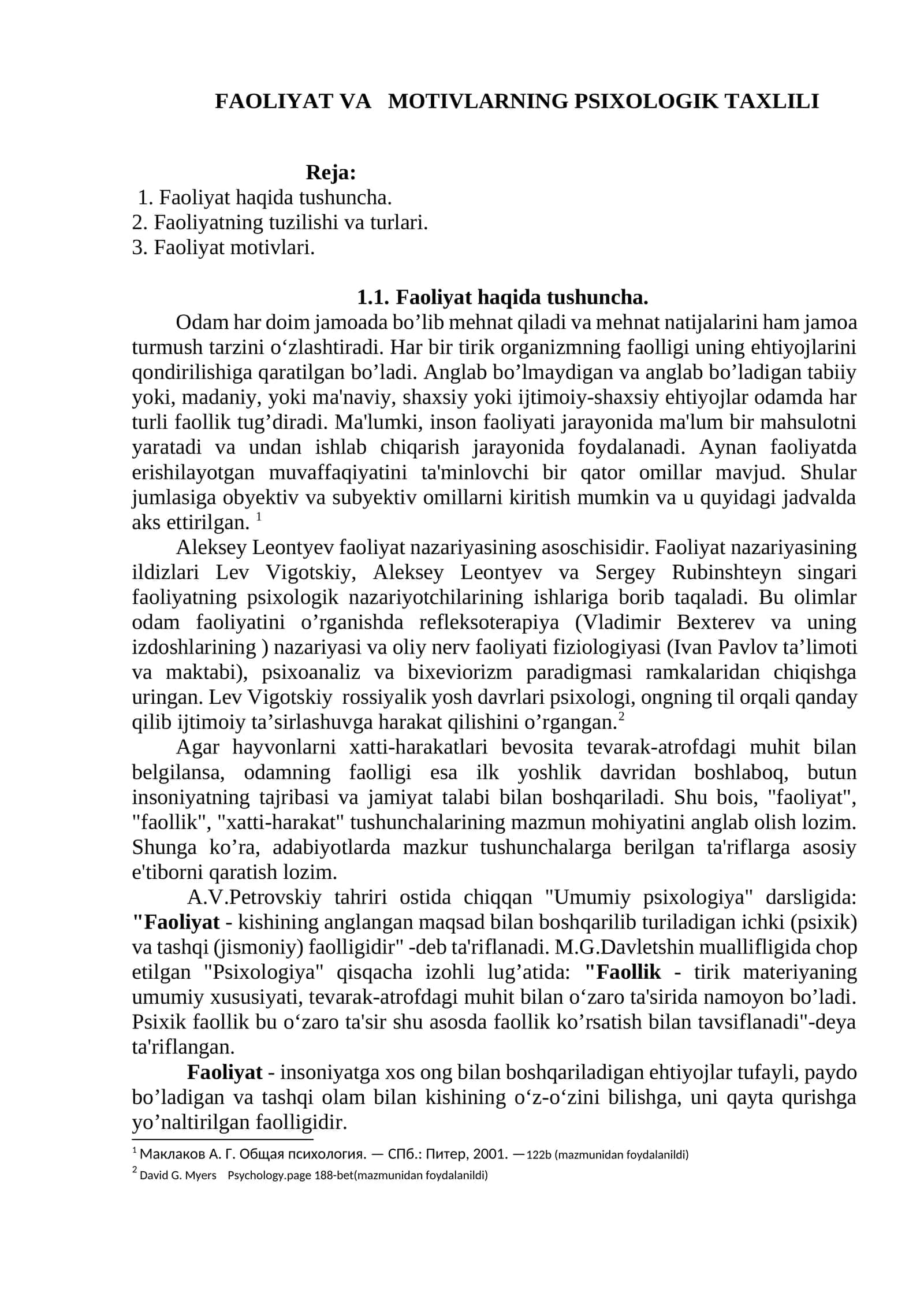 FAOLIYAT VA MOTIVLARNING PSIXOLOGIK TAXLILI