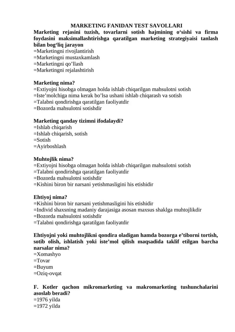 MARKETING FANIDAN TEST SAVOLLARI