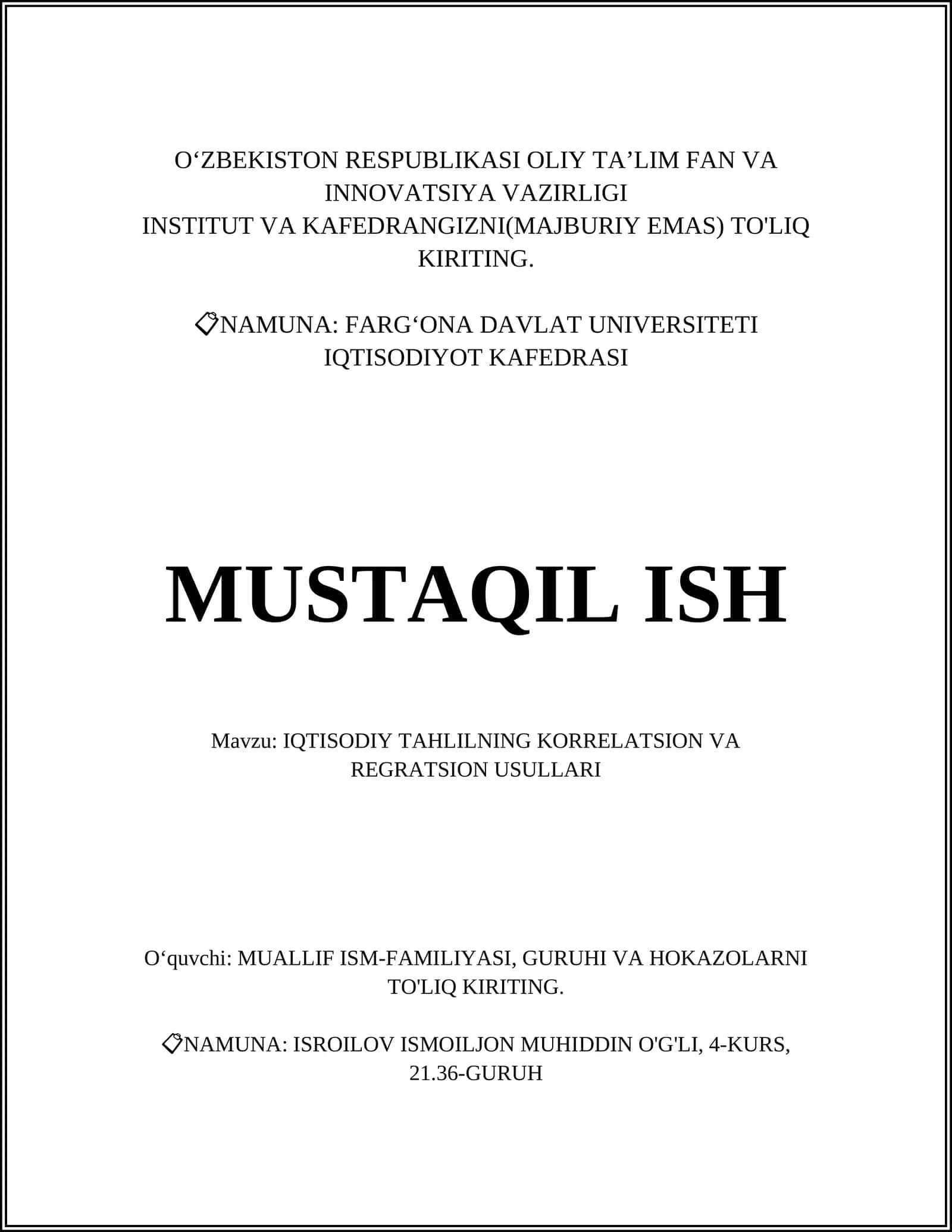 IQTISODIY TAHLILNING KORRELATSION VA REGRATSION USULLARI