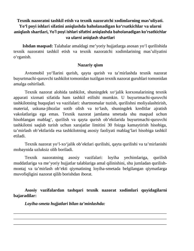 Texnik nazoratni tashkil etish va texnik nazoratchi xodimlarning mas’uliyati
