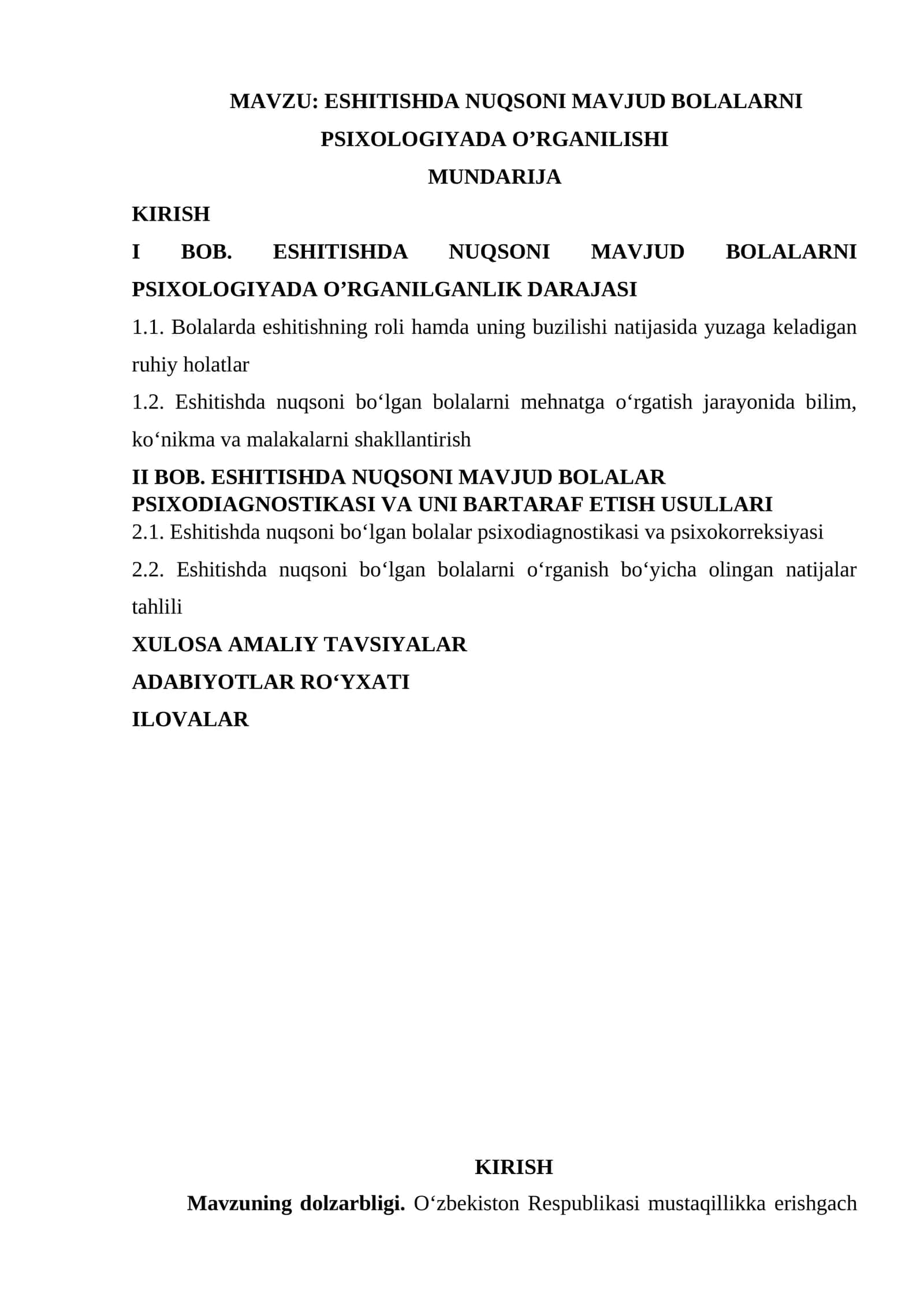 ESHITISHDA NUQSONI MAVJUD BOLALARNI PSIXOLOGIYADA O’RGANILISHI
