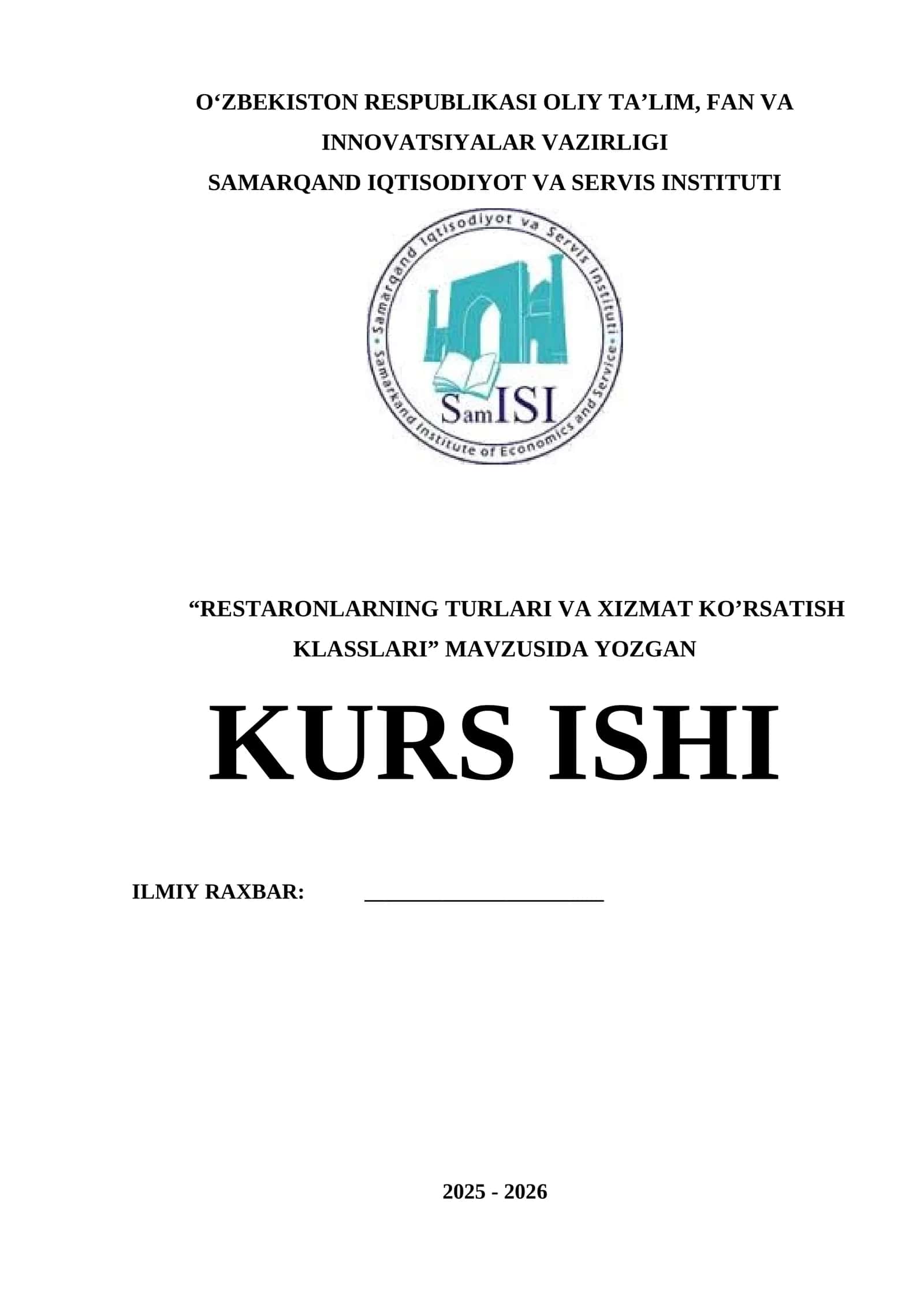 RESTARONLARNING TURLARI VA XIZMAT KO’RSATISH KLASSLARI
