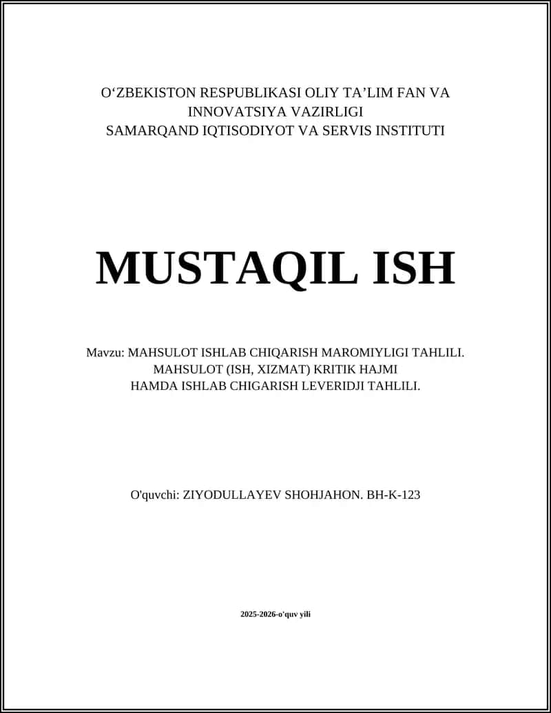 MAHSULOT ISHLAB CHIQARISH MAROMIYLIGI TAHLILI