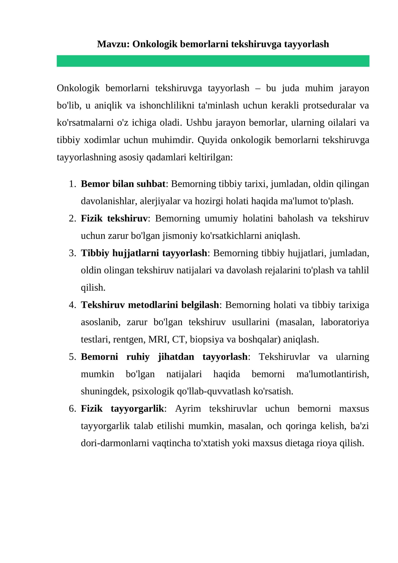 Onkologik bemorlarni tekshiruvga tayyorlash
