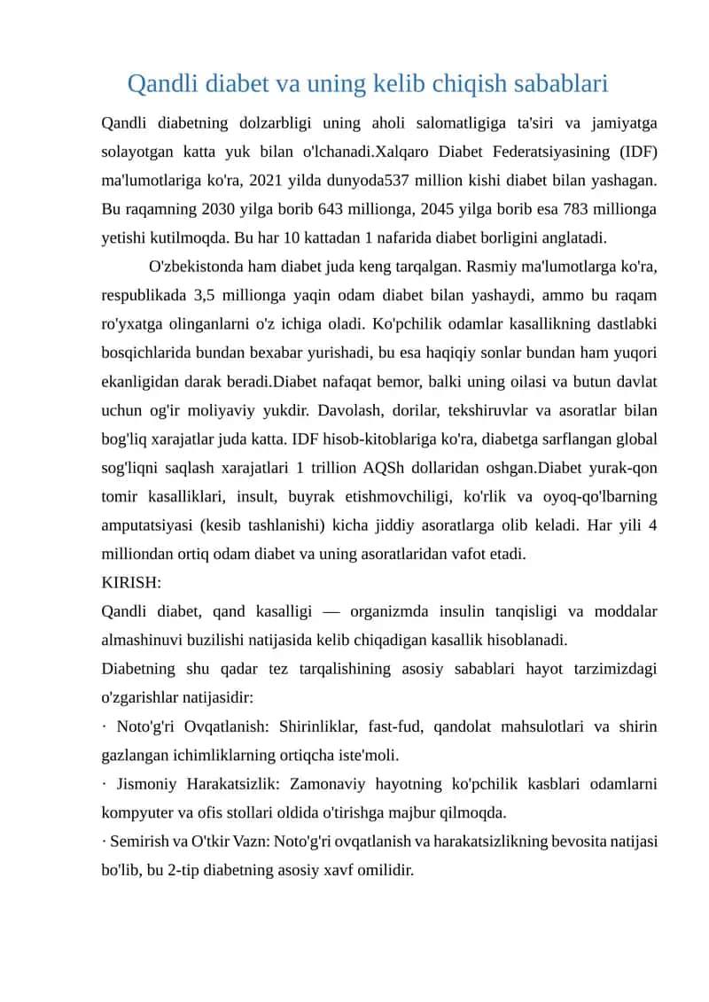 Qandli diabet va uning kelib chiqish sabablari