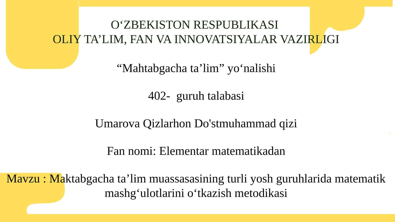 Maktabgacha ta’lim muassasasining turli yosh guruhlarida matematik mashg‘ulotlarini o‘tkazish metodikasi