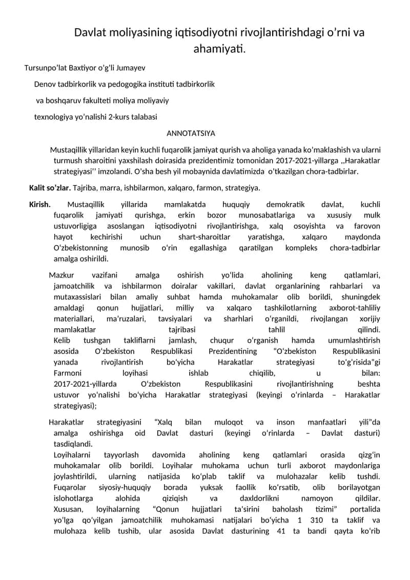 Mavzu: Davlat moliyasining iqtisodiyotni rivojlantirishdagi o’rni va ahamiyati.