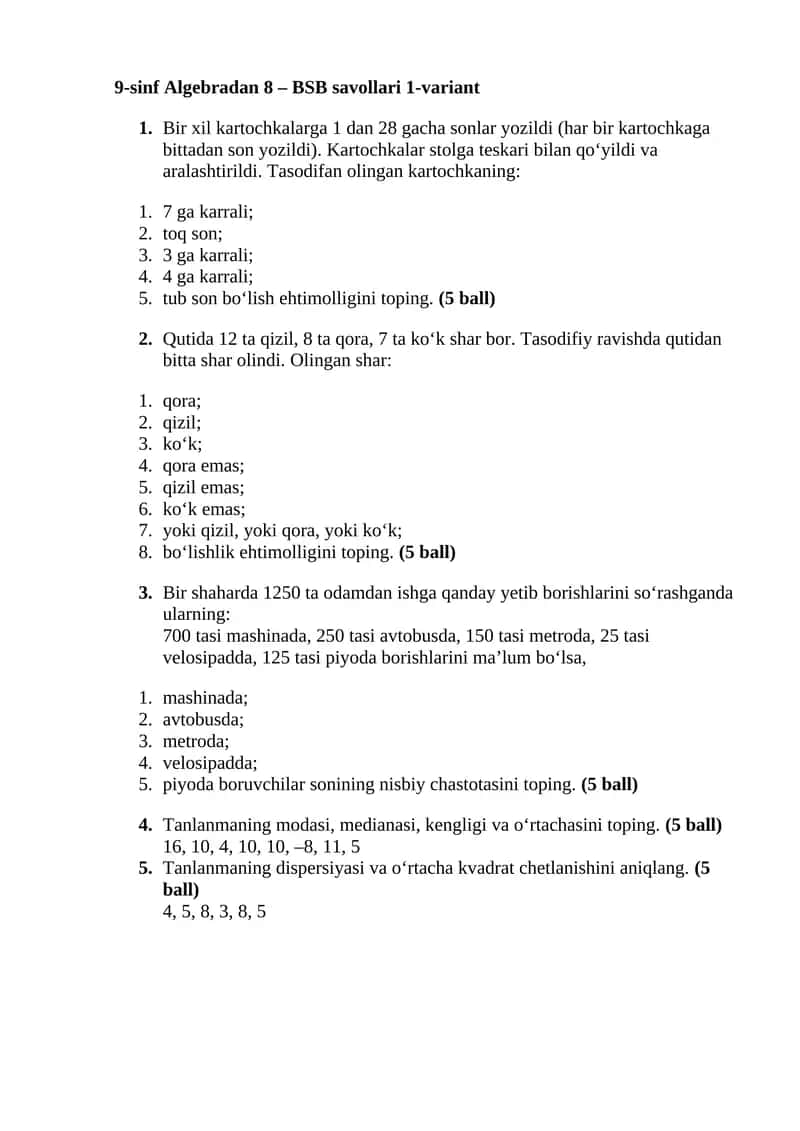 9-sinf Algebradan 8 – BSB savollari 1-variant