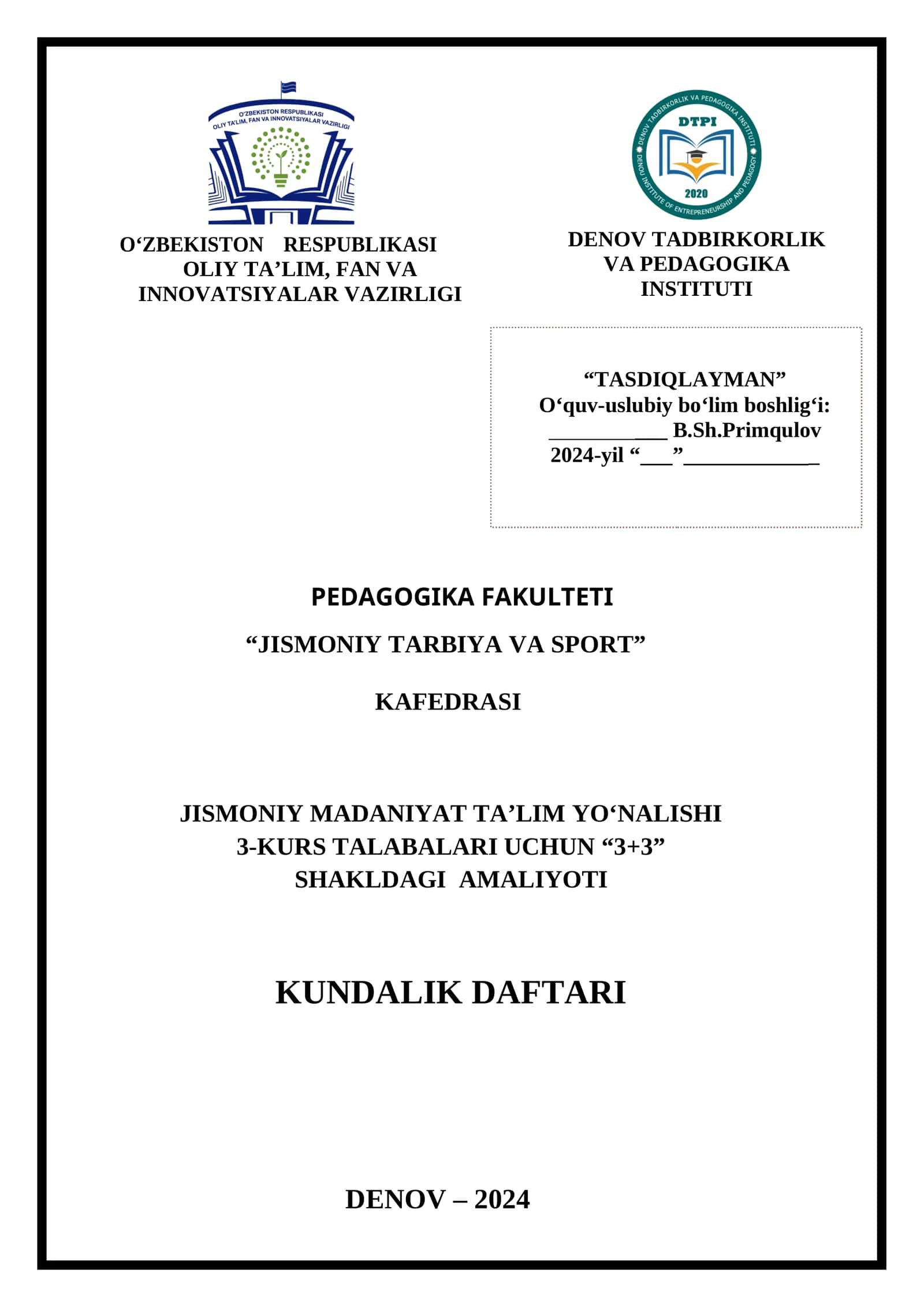 AMALIYOT KUNDALIK DAFTARI JISMONIY MADANIYAT