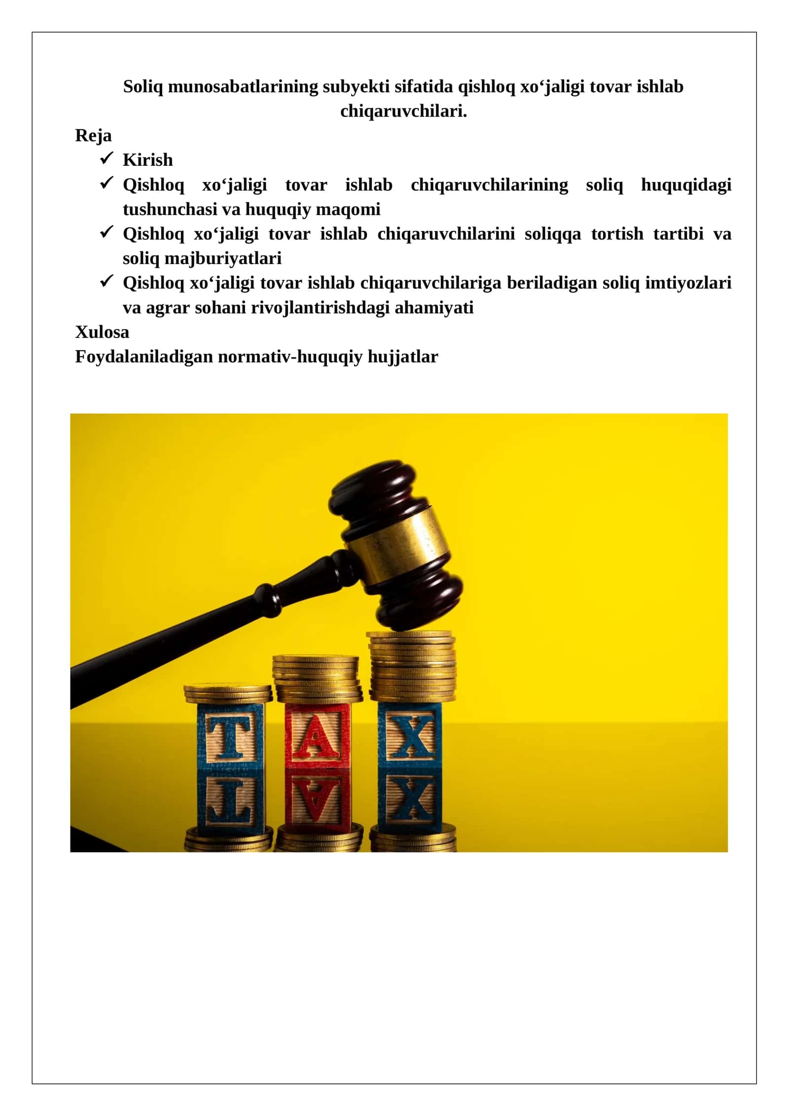 Soliq munosabatlarining subyekti sifatida qishloq xо‘jaligi tovar ishlab chiqaruvchilari