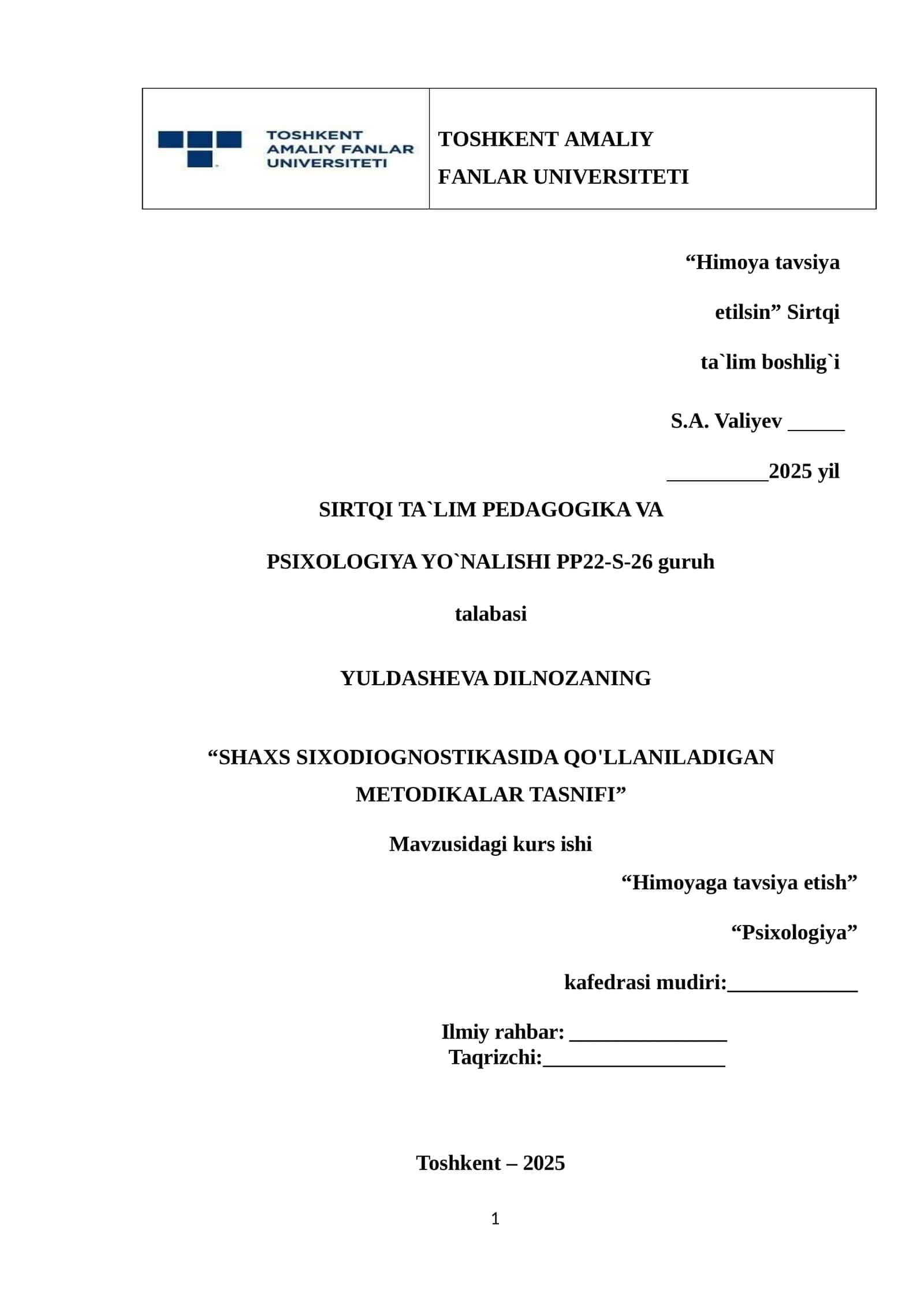 "SHAXS PSIXODIAGNOSTIKASIDA QO'LLANILADIGAN METODIKALAR TASNIFI"