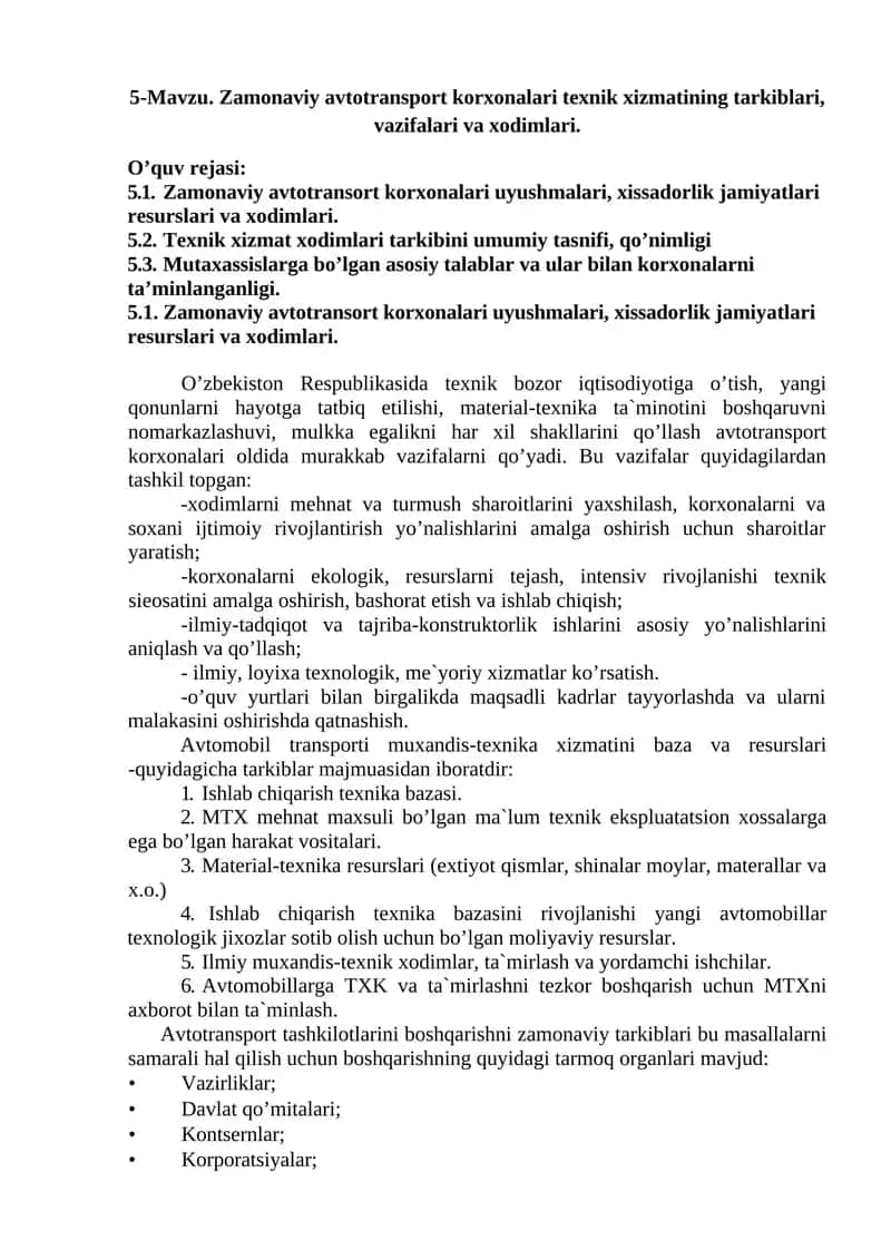 Zamonaviy avtotransport korxonalari texnik xizmatining tarkiblari, vazifalari va xodimlari