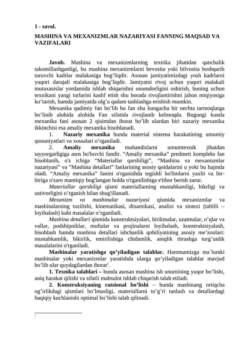 MASHINA VA MEXANIZMLAR NAZARIYASI FANNING MAQSAD VA VAZIFALARI