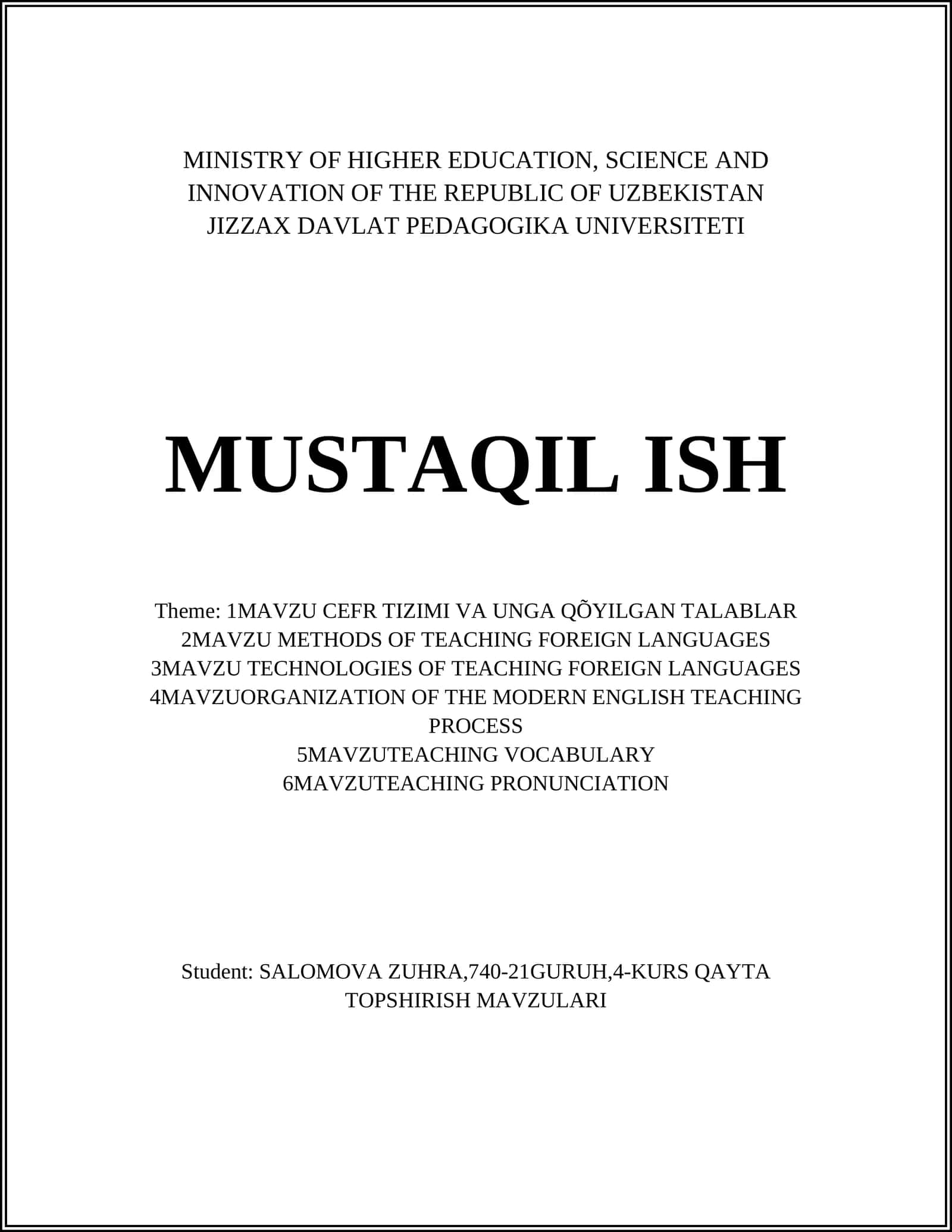 CEFR TIZIMI VA UNGA QÕYILGAN TALABLAR