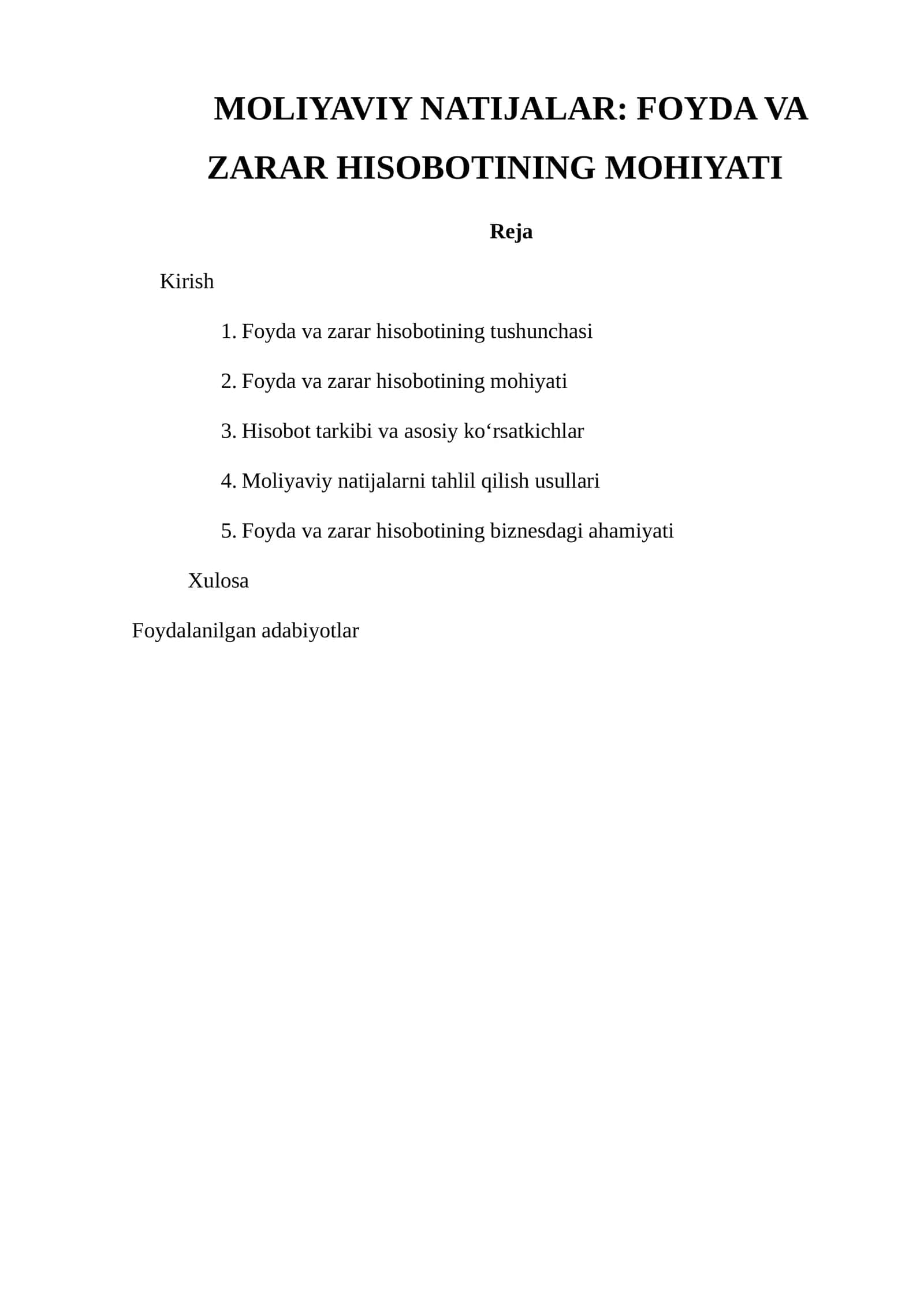 Moliyaviy natijalar: Foyda va zarar hisobotining mohiyati