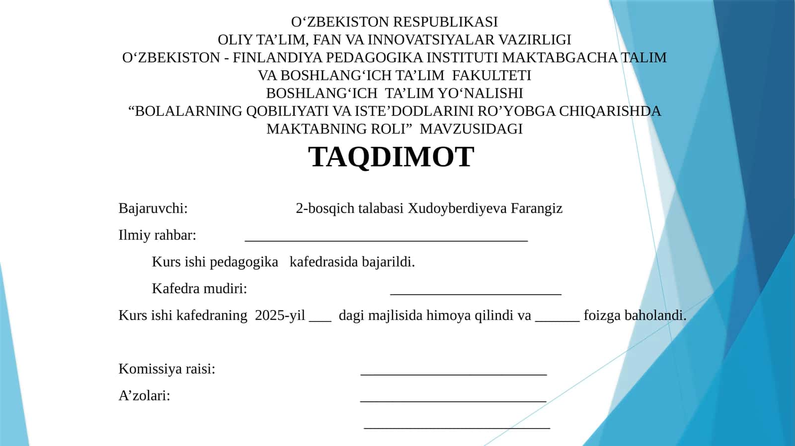 "Bolalarning qobiliyati va iste'dodlarini ro'yobga chiqarishda maktabning roli"