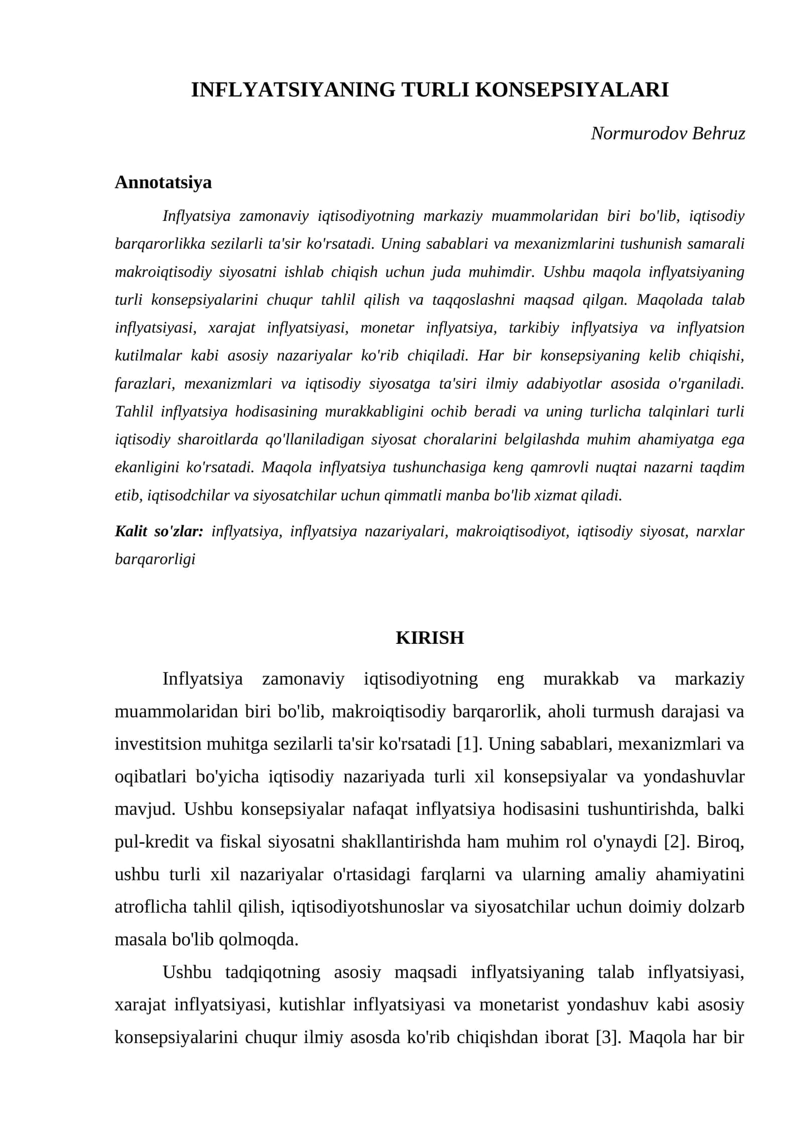 INFLYATSIYANING TURLI KONSEPSIYALARI