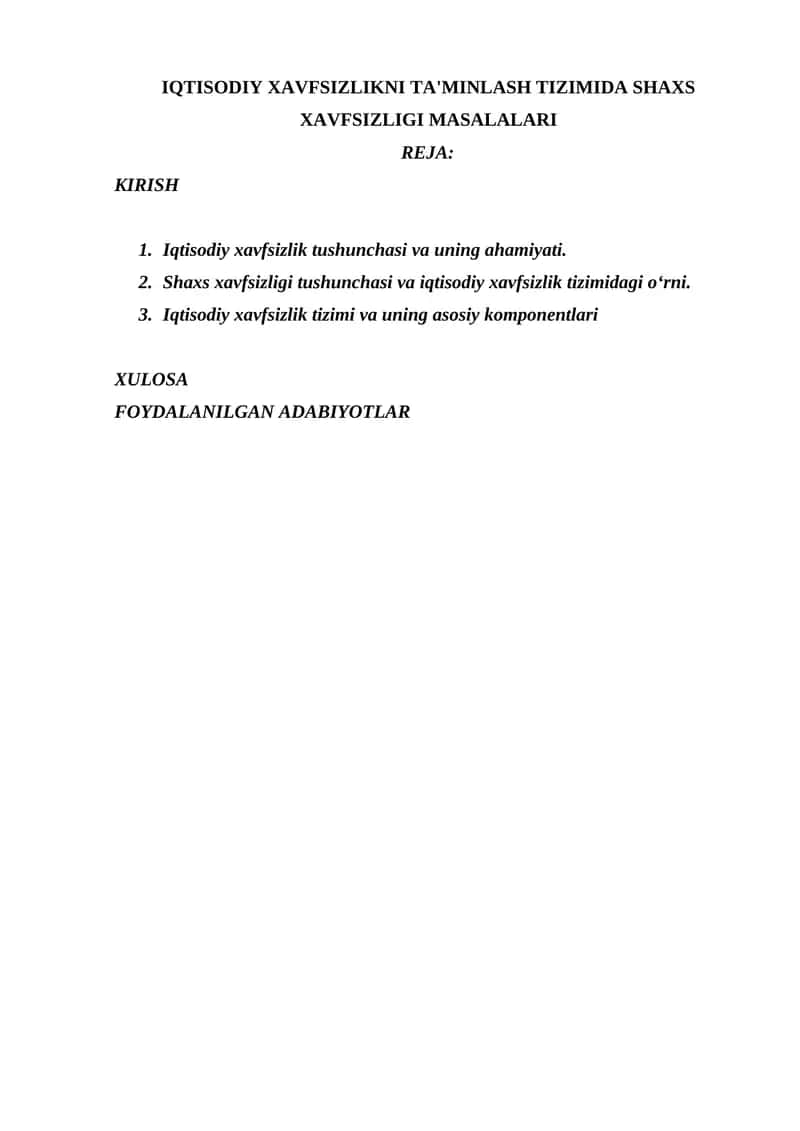 IQTISODIY XAVFSIZLIKNI TA'MINLASH TIZIMIDA SHAXS XAVFSIZLIGI MASALALARI