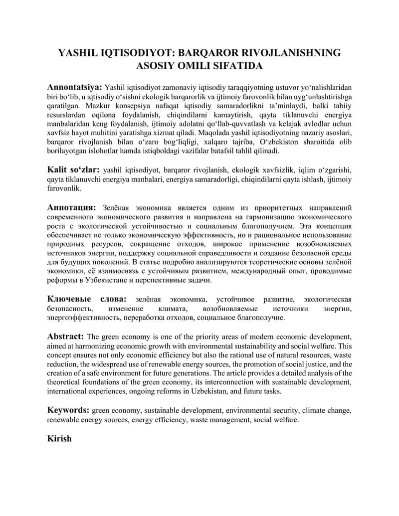 Yashil iqtisodiyot: Barqaror rivojlanishning asosiy omili sifatida