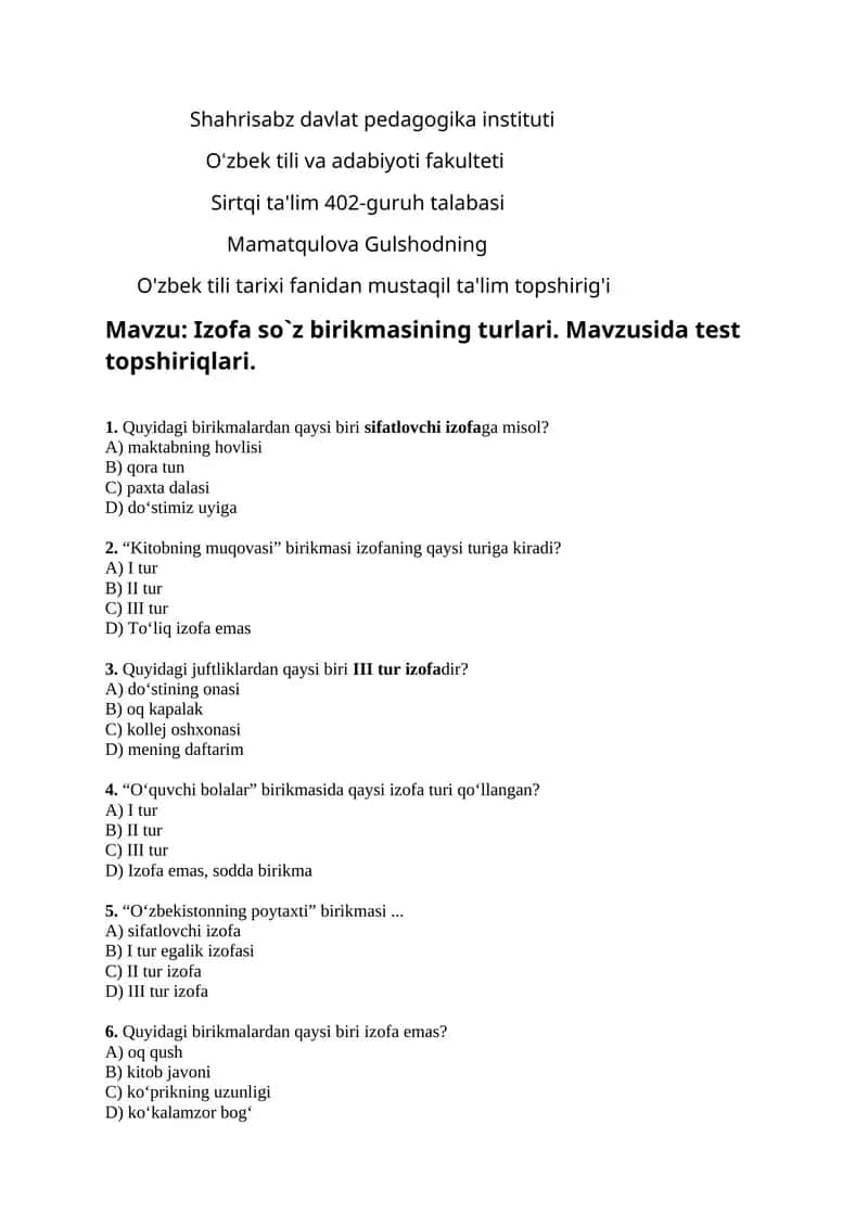 Izofa so`z birikmasining turlari