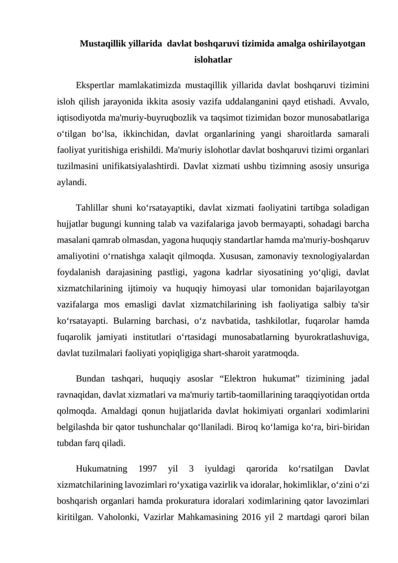 Mustaqillik yillarida davlat boshqaruvi tizimida amalga oshirilayotgan islohatlar