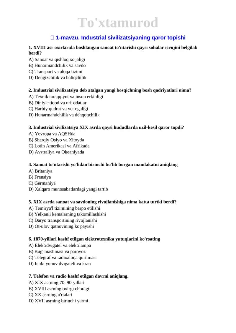🏛️ Tarix fanidan FABIU uchun mavzulashtirilgan testlar to‘plami 📚🧠